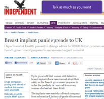 The Independent News feature: “Breast implant panic spreads to UK”